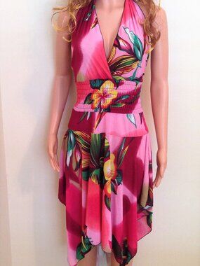 Tropical Print Halter Sundress-Spring Summer Fashion-Handkerchief Hem Size Large